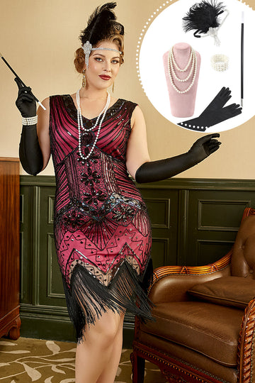 Fuchsia Paljetter 1920-Tals Plus Size Gatsby Flapper Klänning Med 20-Talets Tillbehörs Set